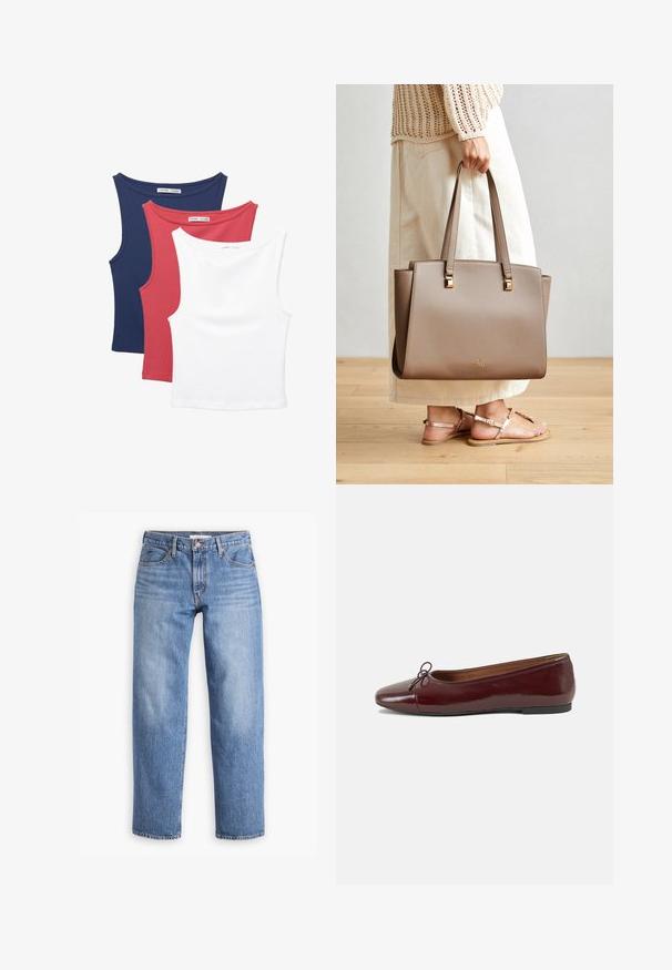 Trzy bezrękawnikowe topy: granatowy, czerwony i biały. Miękki, elastyczny materiał z okrągłymi dekoltami i klasycznym krojem.; Jasnoniebieskie dżinsy o prostym kroju, z pięcioma kieszeniami i zamkiem błyskawicznym. Materiał ma klasyczne wykończenie teksturowane z delikatnym przetarciem.; Bordowe baleriny z lakierowanej skóry z zaokrąglonym noskiem, małą kokardką z przodu oraz niską, czarną gumową podeszwą. Gładka tekstura.; Brązowa syntetyczna torba na ramię z dwoma długimi uchwytami, kwadratowymi metalicznymi akcentami i subtelnym logo. Noszona z jasną spódnicą w kolorze kremowym i sandałami.