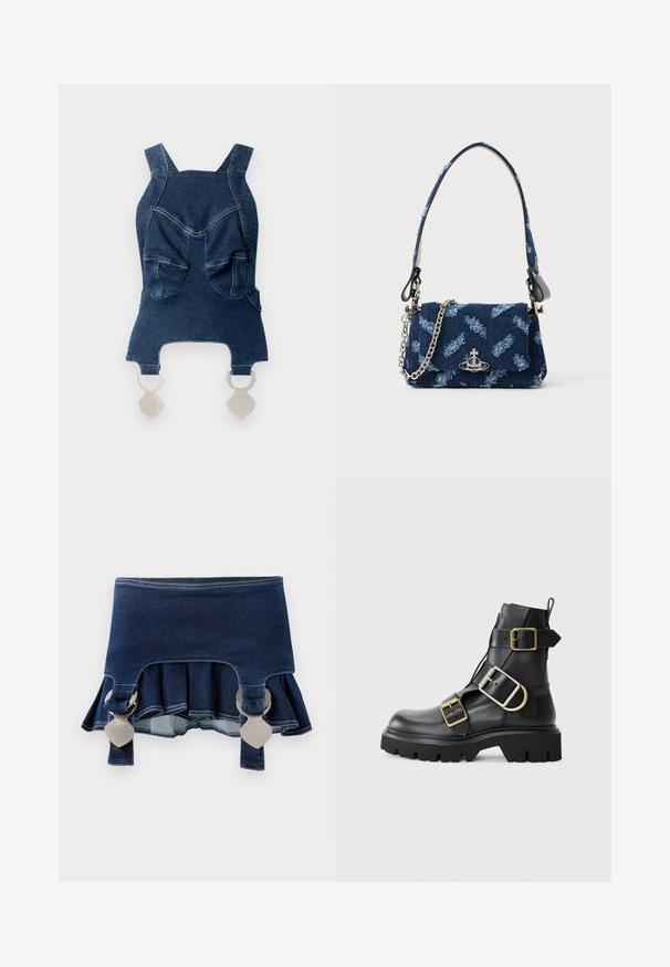 Džínová blúzka so širokými ramienkami, dvoma prednými vreckami, zakriveným výstrihom a striebornými kovaniami na spodnej strane na zapínanie.; Džínová sukňa s rozšíreným spodkom. Obsahuje dve nastaviteľné šedé spony, tmavomodrú farbu a kontrastné švy pozdĺž lemu.; Čierne kožené členkové čižmy s robustnou podrážkou, s viacerými popruhmi a zlatými kovovými detailmi. Hladká textura, drsný dizajn.; Tmavomodrá kabelka z textilného materiálu s textúrovaným dizajnom, striebornými detailmi a odnímateľným reťazovým popruhom. Obsahuje zavretie na klapku a akcent loga.