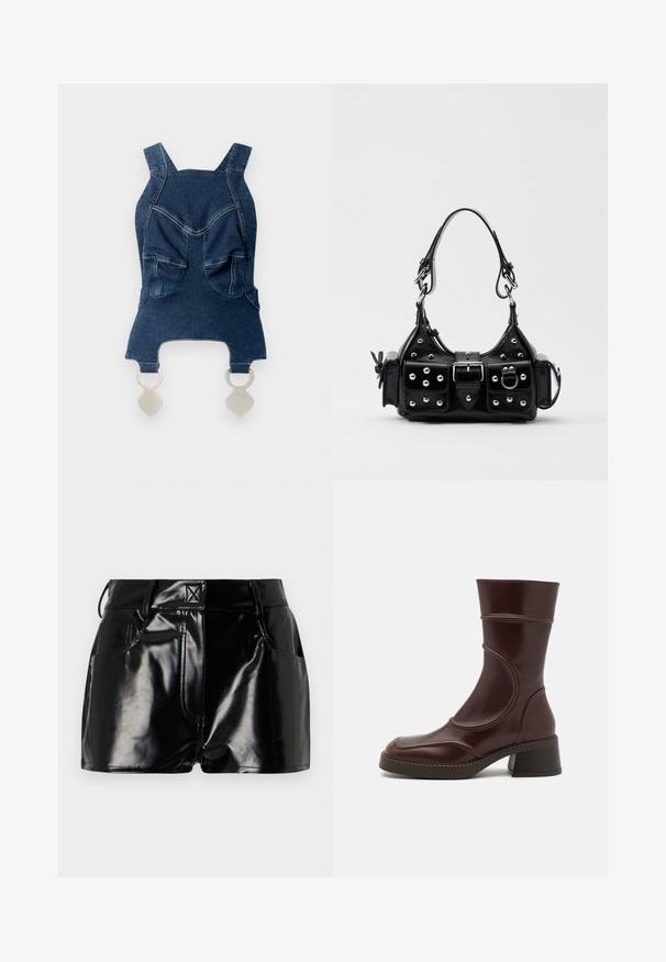 Denimowa bluzka z szerokimi ramiączkami, dwoma przednimi kieszeniami, wyprofilowanym dekoltem i srebrnymi elementami na dole do zapięcia.; Czarne, błyszczące spodenki wykonane z materiału syntetycznego. Posiadają dopasowaną talię, szlufki na pasek oraz przednie kieszenie z wyraźnymi detalami stębnowania.; MIISTA MALENE brązowy; Czarna skórzana torebka w zakrzywionym kształcie, z srebrnymi ćwiekami, klamrą i dwoma bocznymi kieszeniami. Regulowany pasek umożliwiający różne opcje noszenia.