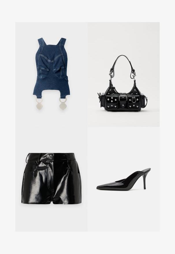 Top in denim con spalline larghe, due tasche anteriori, un collo a forma curva e accessori in argento nella parte inferiore per la chiusura.; Shorts neri e lucidi realizzati in materiale sintetico. Presentano una vita aderente, passanti per la cintura e tasche frontali con evidenti dettagli di cucitura.; Mule in pelle patinata nera con tacco alto, punta affilata e silhouette elegante, dotato di apertura sul dietro e tacco a stiletto sottile.; Borsa a mano in pelle nera con design curvo, caratterizzata da borchie argentate, una fibbia e due tasche laterali. Tracolla regolabile per diverse opzioni di trasporto.