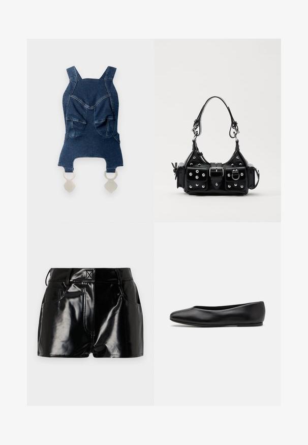 Denim top z širokimi naramnicami, dvema sprednjima žepoma, ukrivljenim ovratnikom in srebrnim okovjem na dnu za zapenjanje.; Črne, sijoče kratke hlače iz sintetičnega materiala. Imajo prilegajoč pas, zanke za pas in sprednje žepe z izrazitimi šivi.; Paul Smith TOPANGA - Balerinke - black; Črna usnjena torbica s ukrivljenim dizajnom, ki vsebuje srebrne žebljičke, zaponko in dve stranski žepki. Nastavljiv trak za različne možnosti nošenja.