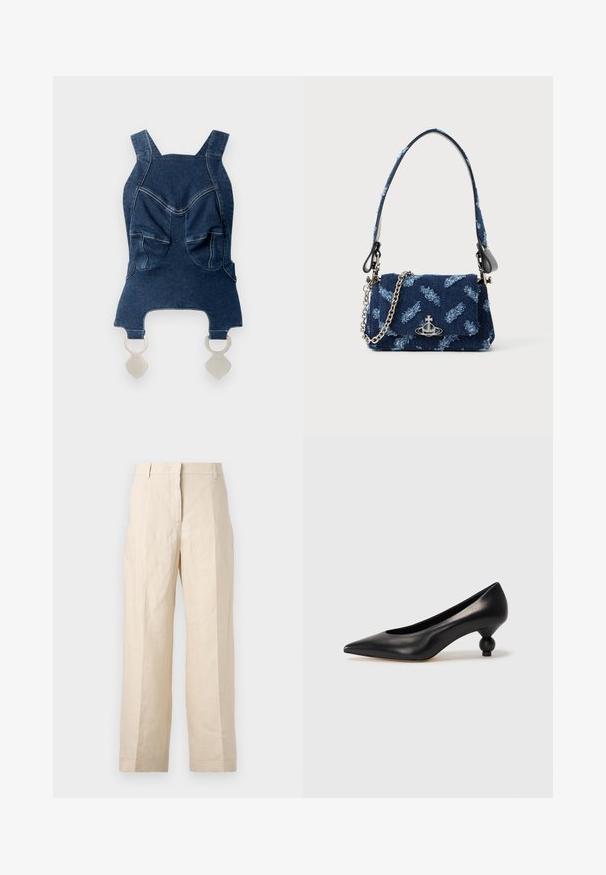 Denim top med brede skulderstropper, to forlommer, en buet halsudskæring og sølvhardware forneden til fastgørelse.; Beige linnedragt med løs pasform, plisseret front og lige ben. Har en talje med bæltestropper og ingen synlige lommer.; Sort læder høje hæle med spids tå og rund, kugleformet hæl. Glat tekstur med et stilrent, minimalistisk design.; Mørkeblå stof håndtaske med en struktureret design, sølv hardware og en aftagelig kædetras. Har en klaplukning og et logo accent.