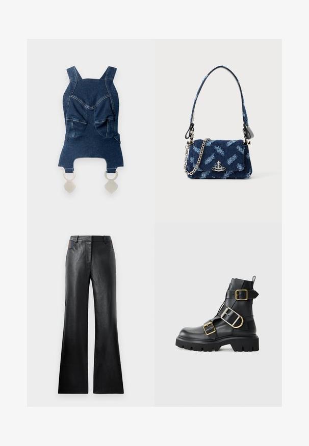 Farmer dzseki széles vállpántokkal, két elülső zsebbel, ívelt dekoltázzsal és ezüst színű fémrészekkel az alján a rögzítéshez.; Fekete bőrnadrág, amely enyhén bővül a nadrág szárán, sima textúrával rendelkezik, és két elülső zsebe van, fekete és barna kiemelésekkel a deréknál.; Fekete bőr bokacsizma vastag talppal, több pánttal és arany színű kiegészítőkkel. Simára csiszolt felület, robosztus dizájn.; Sötétkék textil bevásárlótáska texturált mintával, ezüst hardware-ral és leválasztható láncos pánttal. Füllel zárható, logóval díszítve.