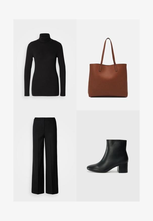 Marc O'Polo TURTLE NECK - Majica z dolgimi rokavi - black; Črne široke hlače iz gladkega materiala, z visokim pasom, krojenimi šivi in minimalističnim dizajnom. Brez vidnih zakov ali žepov.; Črne usnjene gležnjarje s koničastim nosom in debelim peto. Gladka tekstura z minimalnimi detajli in eleganten, prilegajoč dizajn.; Rjava usnjena torba z gladko teksturo, odprto zasnovo zgoraj in dvema naramnima trakovoma. Opremljena je z minimalnim šivanjem in brez vidnih kovinskih delov.