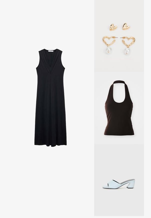 Črn halter top iz mehkega materiala, z širokim izrezom in slim-fit silhueto, brez dodatnih vzorcev ali okrasnih elementov.; Črna brezrokavna obleka z globokim V-izrezom, gubana zasnova na telesu, tekoč silhuet, izdelana iz gladkega materiala, dolžina do kolen.; Svetlo modre sandale na peto z odprtim prstom in geometrijskim vzorcem, ki imajo širok trak čez nogo in masiven, kotni višji del.; Rumeno usnjeno-usnje z vzorcem krokodila, s strukturiranim dizajnom, zgornjo ročajem, snemljivo verižico in dekorativnim kristalnim okrasjem na zaponki.; Zlato obarvane uhane v obliki srca z teksturirano površino, ki vsebujejo viseči akcent bisera. Zajema tudi uhančke v obliki srca.