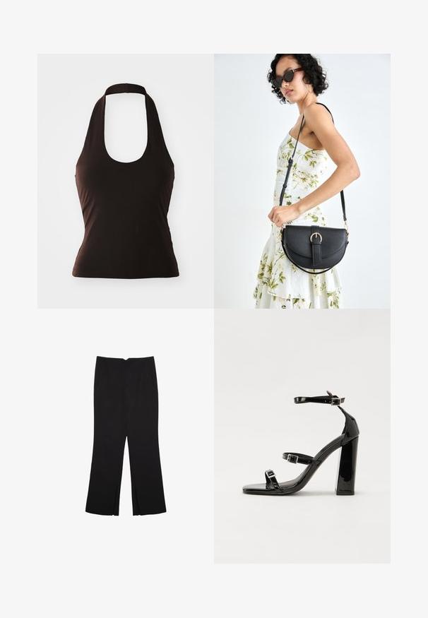 Čierny halter top vyrobený z jemnej látky, s širokým výstrihom a priliehavým strihom, bez ďalších vzorov alebo ozdôb.; Čierne nohavice so strihom rovného strihu, s prednými vreckami a bočnými rozparkami na leme. Vyrobené z mäkkej, hladkej tkaniny. Vhodné na rôzne príležitosti.; Čierne lakované sandále na podpätku so štvorcovou špičkou, navlečenými remienkami okolo členku a striebornými prackami. Disponujú masívnym blokovým podpätkom pre stabilitu.; Čierna kožená kabelka s zaobleným tvarom, odnímateľným popruhom a zlatými doplnkami. Kabelka má klopu s detailom s prackou.