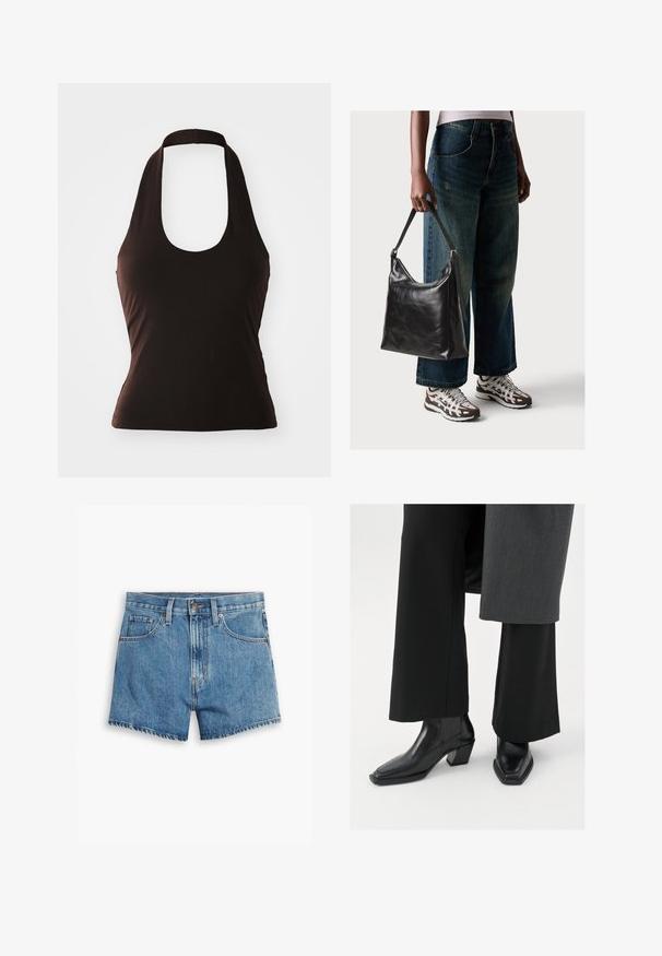 Fekete pántos felső, puha anyagból készült, széles kerek nyakkivágással és karcsú szabással, minta vagy díszítés nélkül.; Világoskék farmer rövidnadrág, öt zsebbel, cipzáros megoldással és gombos záródással. A szegélyt megkoptatták, és laza szabású dizájn jellemzi.; Fekete bokacsizmák, négyzet alakú orral és kúpos sarkú, fényes bőrből készült, az oldalakon függőleges bordázott részletekkel.; Fekete bőr válltáska sima textúrával és állítható pánttal, melyet elnyűtt, bő szárú farmernadrággal és sportcipőkkel párosítottak.