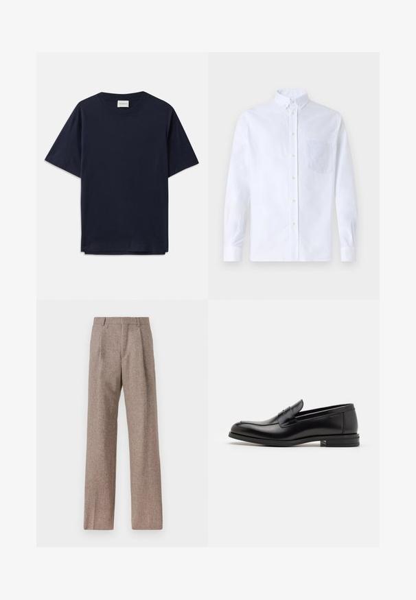 Temno moder bombažni T-shirt s kratkimi rokavi, okroglim izrezom in sproščenim fitom. Na izrezu je oznaka "CLOSED". Gladka tekstura.; Bela dolgo rukava srajca s kragnico, izdelana iz bombaža, z žepom na prsih in toniranimi vezeninami ter gumbi na manšetah.; Rjave hlače z visokim pasom, izdelane iz teksturirane tkanine. Imajo široke noge in dve sprednji pregibi za strukturo. Urejen zaključek brez vidne strojne opreme.; Črne usnjene loafer čevlje z gladko teksturo, zaobljenim nosom in dekorativnim trakom čez zgornji del. Nizka zložena peta, minimalističen dizajn.
