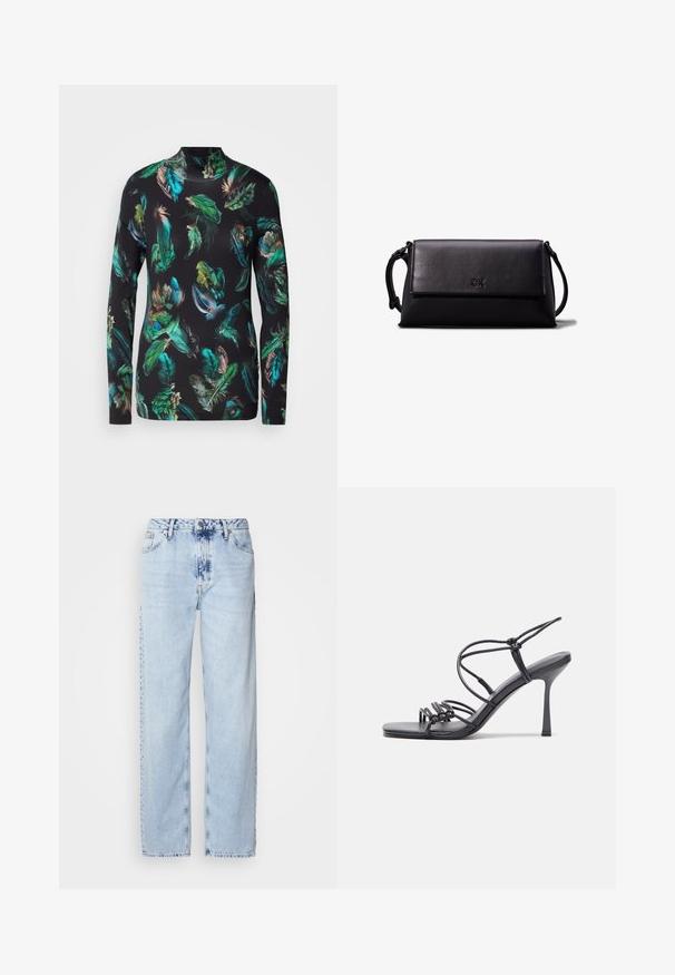 Dlhý rukáv vyrobený z ľahkej tkaniny, s čiernym pozadím a farebnými vzormi pierok v zelenej, modrej a hnedej farbe.; Svetlomodré široké džínsy vyrobené z denimu, s vysokým pásom, vyblednutým umývaním a jemným vzorom batikovania na prednej strane.; Čierne sandále na vysokom podpätku majú tenké remienky s uzlovým dizajnom, hladký štvorcový špičku a elegantný stiletto podpätok.; Čierna kožená clutch taška s obdĺžnikovým tvarom, hladkou textúrou, plochým preklopom a malou rukoväťou na boku. Obsahuje jemné logo.