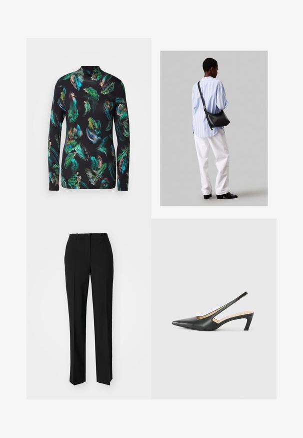 Dlouhý rukáv top vyrobený z lehké látky, s černým pozadím a barevnými vzory peří v zelené, modré a hnědé barvě.; Černé kalhoty na míru se střihem do rovna, které mají hladkou texturu a ostré sklady na přední straně. Bez viditelného kování.; Černý špičatý slingback s nízkým podpatkem, vyrobený z hladké kůže, s výřezem na boku pro lepší prodyšnost.; Černá kožená kabelka přes rameno s jemnou texturou, trojúhelníkovým tvarem a nastavitelným popruhem, v kombinaci se světle modrou pruhovanou košilí a bílými kalhotami.; Tři kovové prsteny: jeden růžově zlatý, jeden zlatý s texturovanými detaily a jeden stříbrný, všechny s vyrytým brandingem na vnitřním boku.