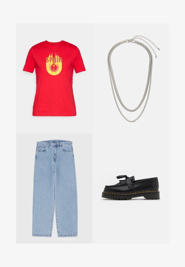 Crvena pamučna majica sličicom žutog teksta "ŠPANJOLSKA" i okruglim logotipom s UEFA Euro amblemom u sredini.; Svijetloplave traperice s ravnim nogavicama, sa srednjim strukom, pet džepova i zatvaranjem na dugme i patentni zatvarač.; Crna kožna loaferica s resicama, koja ima čvrst crni potplat i žute šavove duž ruba. Teksturirana završna obrada.; Necklace od tri sloja srebrnog metala s elegantnim, fleksibilnim lančićima blagog sjaja, zatvoren s karabinera i prilagodljivim lančićem.