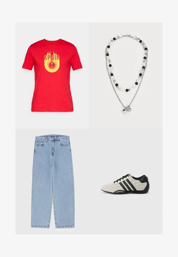 Piros pamut póló, amelyen sárga grafikus felirat szerepel: "SPANYOLORSZÁG", valamint egy kör alakú logó, amelyben az UEFA Európa-bajnokság emblémája található a közepén.; Világoskék farmernadrág egyenes szárú kivitelben, közepes derékkal, öt zsebbel, gombos és cipzáros záródással.; Adidas sportcipő, textúrált, világosszürke felsőrésszel és fekete bőr akcentusokkal. Fekete háromcsíkos logóval és párnázott talppal rendelkezik.; Két rétegű nyaklánc, ezüst lánccal, fekete, fehér és krémszínű kevert gyöngyökkel, díszes cifrázattal, amely kocka és golyó formájú.