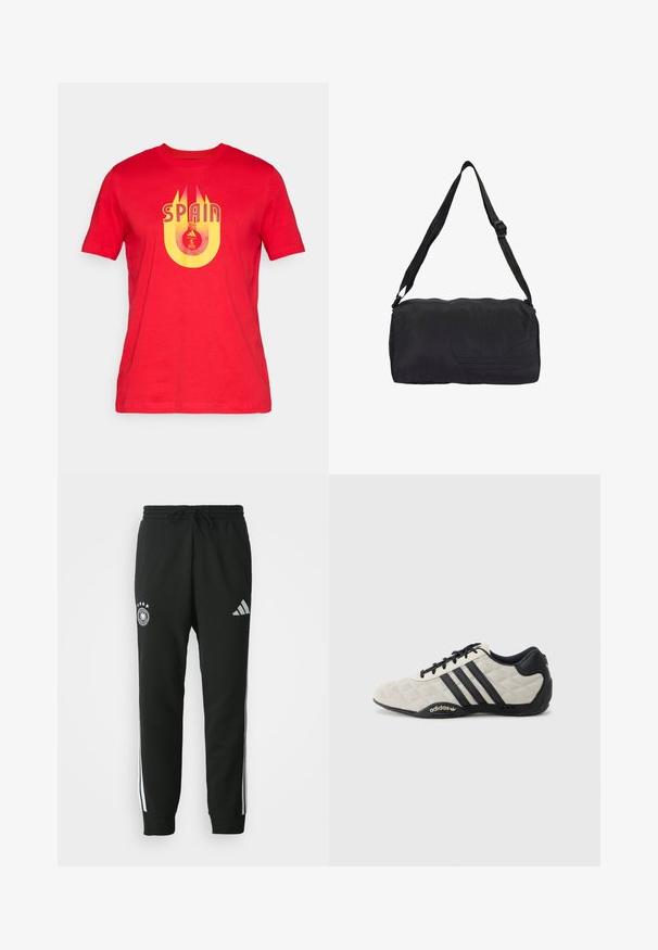 Red cotton t-shirt featuring yellow graphic text "SPAIN" and a circular logo with the UEFA Euro emblem in the center.; Black sweatpants with a drawstring waist, featuring white side stripes, an emblem with five stars, and an Adidas logo on the thigh.; Adidas sports shoe with a textured, light gray upper and black leather accents. Features black three-stripe logo and cushioned sole.; Black duffle bag made of durable fabric, featuring a textured logo design, adjustable strap, and zippered closure. Compact cylindrical shape.; Two-layer necklace featuring silver chain, mixed beads in black, white, and cream, with decorative charms resembling dice and a ball.