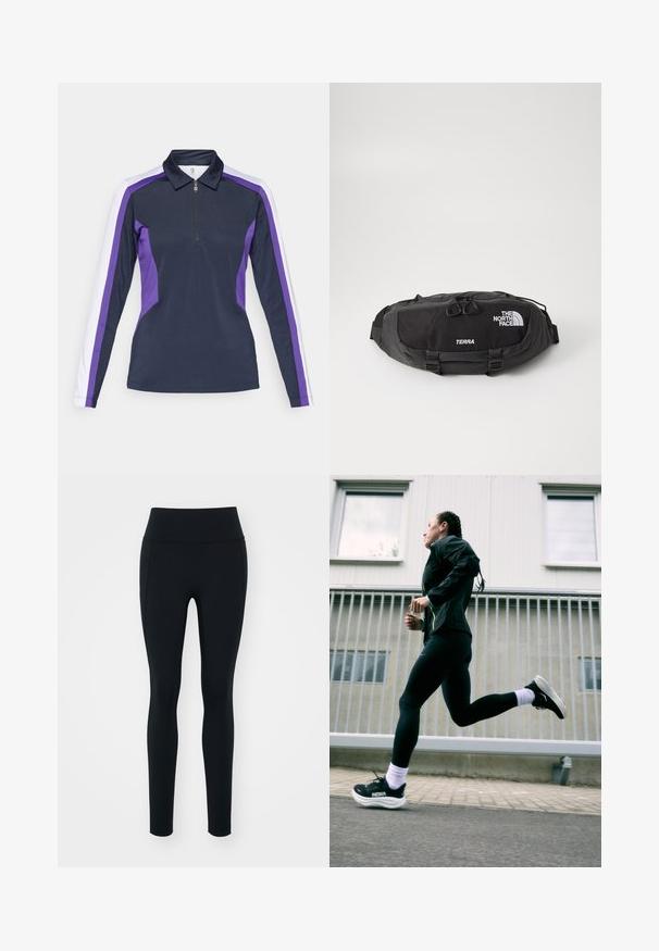 Tumesate polo-särk tumesinisel taustal, millel on purpurpunased ja valged külgpaneelid, varrukad on pikad ning särk on varustatud tõmblukuga kaeluse ja sportliku, lähedalt istuva disainiga. Siledast kangast tekstuur.; Mustad mustad, mis on valmistatud venivast materjalist ja millel on kõrge vöökoht. Sile tekstuur, keha lähedane disain ja ei ole nähtavaid kaunistusi ega mustreid.; Must värviline spordijakk neonaktsentidega, mustad retuusid ja mustad jooksujalatsid valgete taldadega, helesinise tausta ees.; Must mustra vilk, mis on valmistatud vastupidavast nailonist, varustatud kahe tõmbega lukuga taskuga ning kontrastsete valgete logo ja tekstiga. Kompaktne disain koos reguleeritavate rihmadega.
