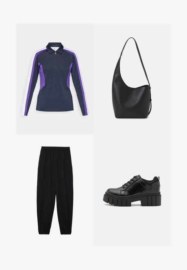 Dlhý rukáv polo tričko v námorníckej s modro-purpurovými bočnými panelmi, s golierom na zips a športovým, prispôsobeným strihom. Hladká textúra látky.; Čierne, ľahké nohavice s elastickým pásom a zúženými nohavicami. Tkanina je hladká a má voľný, zúžený strih.; Čierne kožené platformy s masívnym blokovým podpätkom, okrúhlou špičkou a tradičným šnurovaním. Má hladký povrch a minimálne detaily.; Čierna kožená hobo taška so hladkou textúrou, zakriveným tvarom a jedným nastaviteľným popruhom; má široké otvorenie na vrchu.