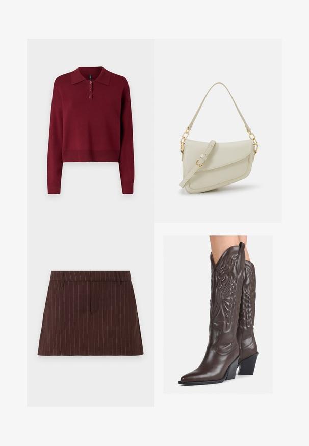 Suéter polo de manga larga burdeos, con cuello clásico, tapeta de tres botones y dobladillo corto con detalles acanalados. Textura de punto suave.; Falda marrón a rayas con un ajuste entallado, que presenta una cinturilla plana, bolsillos laterales y un dobladillo recto. Material de mezcla de algodón.; Botas de vaquero de cuero marrón con punta afilada y tacón cuadrado, que presentan costuras detalladas y acentos elevados en el caño.; Pequeño bolso de mano crema con un acabado texturizado, una correa larga y ajustable, un acento de cadena y cierre de solapa. Detalles en hardware dorado.; Aretes de aro de oro con un acabado suave y brillante. Diseño circular que presenta un pequeño post y un respaldo transparente para un uso seguro.