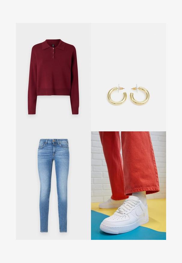 Burgundy pikkade varrukatega polo-svett, millel on klassikaline krae, kolme nööbiga ääre ja lühendatud hem, millel on soonikkoes detailsus. Pehme kudumise tekstuur.; Kitsas lõikega helesinised denim teksad keskmise kõrgusega vöökohaga, esise nupuga ning viie taskuga disainiga.; Valge nahast tennis, millel on perforeeritud varvas, tekstureeritud tallad ja valged shoelaces, kombineeritud laia punase pükste ja sinise ning kollase taustaga.; Kuldne rõngassõrmused sileda ja läikiva viimistlusega. Ringikujuline disain, millel on väike post ja selge tagumine külg, et tagada kindel kandmine.