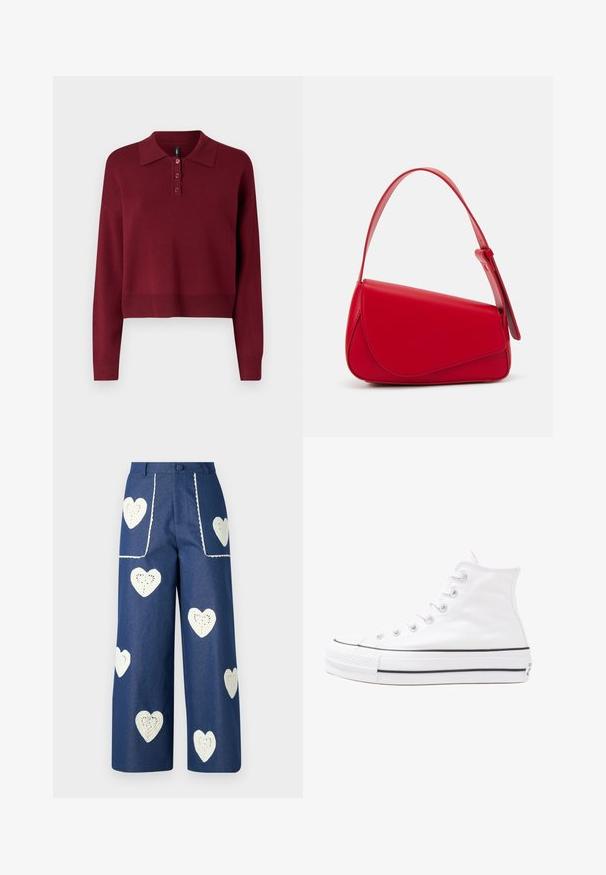 Burgundy pitkähihaisen polo-neuleen, jossa on klassinen kaulus, kolmoispainonappi ja lyhennetty helma ribbikuvioinnilla. Pehmeä neulostekstuuri.; Sister Jane HEART TO HEART - Straight leg -farkut - blue denim; Valkoiset korkeavartiset kangaskengät mustalla kumipohjalla, edessä kuminen varvasosa ja kuusi nauha-aukkoa, puhtaan minimalistisella muotoilulla.; Punainen nahkalaukku, jossa on kulmikas, geometrinen muotoilu. Varustettu yhdellä säädettävällä hihnalla ja läpällä, jossa on ommeltu yksityiskohtia.