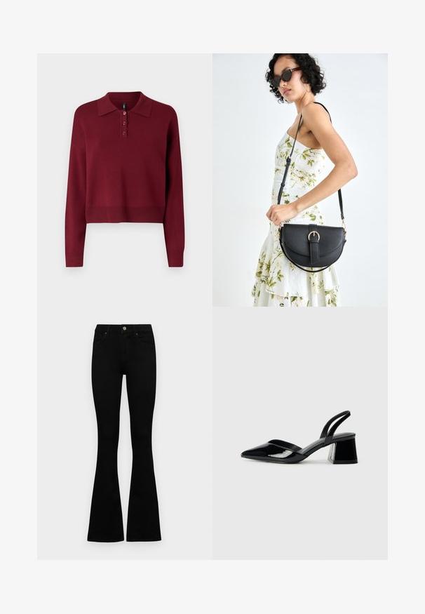 Burgundský polo svetr s dlouhým rukávem, který má klasický límec, knoflíkovou légu na tři knoflíky a zkrácený lem s žebrovanými detaily. Měkká pletená textura.; Černé vysoké džíny s knoflíkem a zipovým zapínáním, předními kapsami a rozšířenými nohavicemi, ležící na bílé podložce.; Černé lakované kožené lodičky na pásku s špičatou špičkou a geometrickým blokovým podpatkem. Vyznačují se elegantním, minimalistickým designem a hladkým povrchem.; Černá kožená kabelka s křivkovým tvarem, odnímatelným popruhem a zlatými detaily. Kabelka má klopu s přezkou.