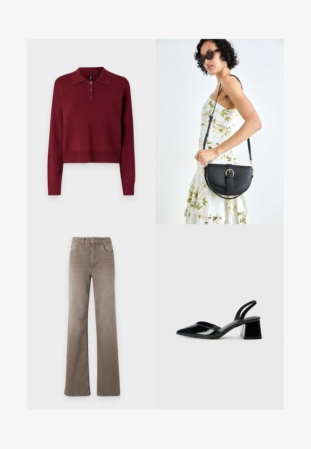 Bordo duga polo džemper s dugim rukavima, sa klasičnom ovratnikom, placketom s tri dugmeta i skraćenom donjam rubu s rebrastim detaljima. Mekani pleteni materijal.; Smeđe traperice visokog struka ravnog kroja s prednjim gumbom, petljama za pojas i klasičnim dizajnom od pet džepova na bijeloj pozadini.; Crne lakirane kožne sandale s otvorenom petom i špicastim vrhom, s geometrijskom blok petom. Imaju elegantan, minimalistički dizajn i glatku teksturu.; Crna kožna torba s lukovitim oblikom, odvojivim remenom i zlatnim detaljima. Torba ima preklop s kopčom.