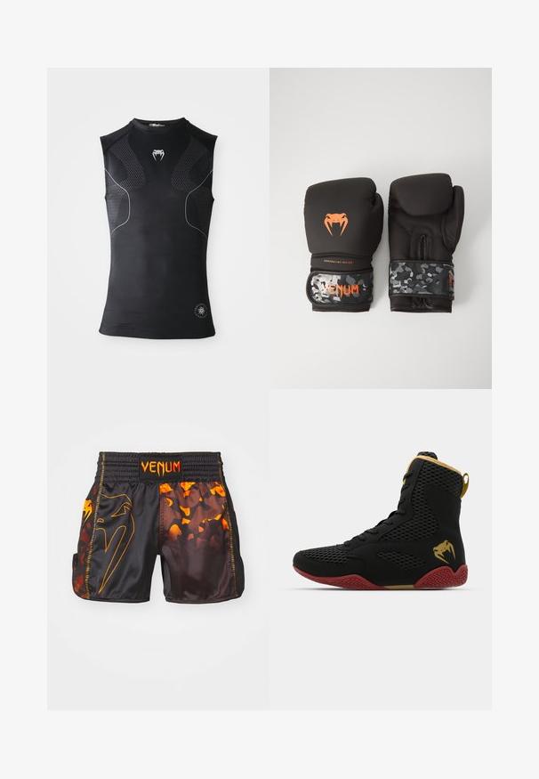 Mouwloos zwart atletisch compressie shirt met subtiele patroonpanelen, klein wit slanglogo op de borst en een cirkelvormig embleem nabij de zoom.; Zwarte en oranje Venum-shorts met een glanzende afwerking, contrasterende camouflagepatronen en een elastische tailleband met logo-detail.; Hoge sportieve schoen met zwarte mesh en synthetisch materiaal, gestructureerde accenten, rode rubberen zool en gouden details op de enkel.; Zwarte bokskampen met een matte afwerking en ergonomisch ontwerp. Oranje logo-details en camouflage-gepatenteerde polsbanden.
