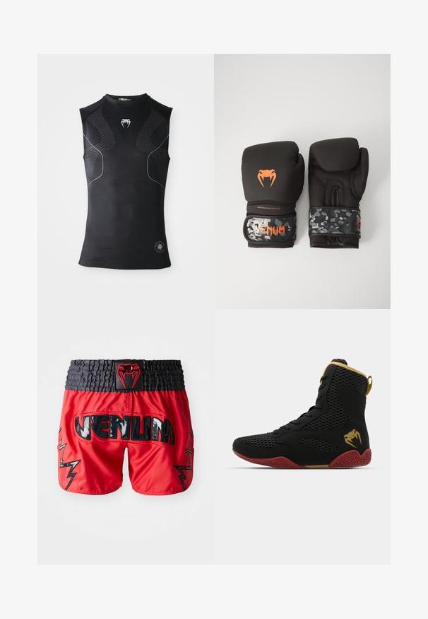 Bezrukávový čierny atletický kompresný dres so subtilnými vzorovanými panelmi, malým bielym logom hada na hrudi a okrúhlym emblémom pri leme.; Červené šortky s čiernym pásom, s lesklým nápisom "VENUM" a čiernymi akcentmi v tvare blesku, vyrobené z ľahkého a hladkého materiálu.; Vysoké športové topánky s čiernou sieťovinou a syntetickým materiálom, textúrované akcenty, červená gumová podrážka a zlaté detaily na členku.; Čierne boxerské rukavice s matným povrchom a ergonomickým dizajnom. Oranžové logo a manžety s maskáčovým vzorom.