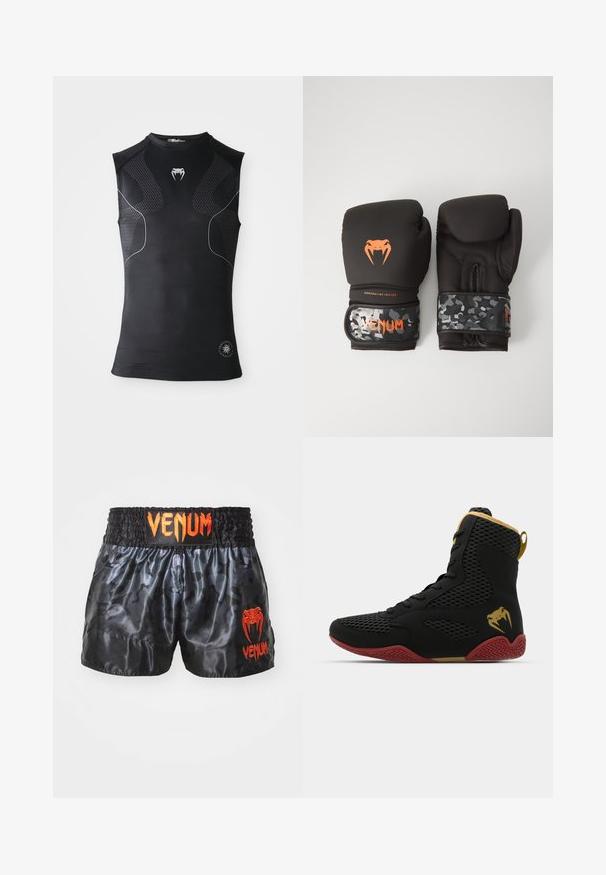 Ærmeløs sort atletisk kompressionsskjorte med subtile mønstrede paneler, lille hvid slange logo på brystet og cirkulært emblem nær kanten.; Sorte satin bokseshorts med camouflage-mønster, der har elastisk talje og logoet "VENUM" i lys orange på forsiden.; Høj-top atletisk sko med sort mesh og syntetisk materiale, teksturerede accenter, rød gummisole og gulddetaljer ved anklen.; Sorte boksehandsker med mat finish og ergonomisk design. Orange logodetaljer og håndledsstropper med camouflage-mønster.