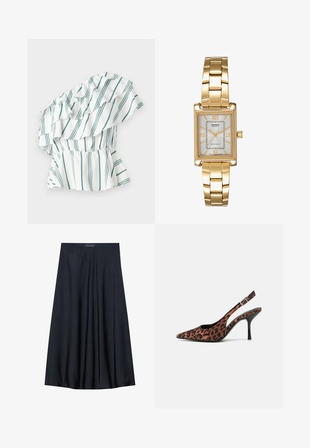 Top de um ombro em branco com riscas verdes, apresentando detalhes em rendilhado e uma cintura franzida para um efeito peplum. Tecido suave.; Saia preta, até aos joelhos, feita de tecido leve com um design fluido. Apresenta uma textura suave e pregas subtis para um detalhe adicional.; Sapatos de salto alto de tira com estampa de leopardo, bico fino, salto preto brilhante e fita ajustável no tornozelo. Material suave com acabamento texturizado.; Relógio de pulso retangular em tom de ouro com um mostrador branco, marcadores de horas em tom de prata e uma pulseira de metal resistente. Inclui função de resistência à água.