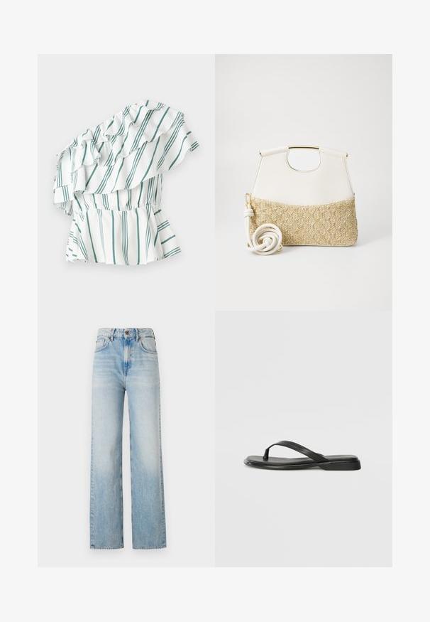 Valkoinen yksiolkaiminen paita, jossa on vihreät raidat, rypytyksillä varustettu ja kerätty vyötärö, mikä luo peplum-efektin. Pehmeä kangas.; Vaaleansiniset leveät farkut, jotka on valmistettu denimistä. Niissä on korkea vyötärö, hillitty haalistuminen sekä perinteinen viiden taskun muotoilu, jossa on kontrastiväriset saumat.; Mustat varvastossut, joissa on sileä nahkapinta, ohut hihna ja litteä pohja, jossa on minimalistinen muotoilu. Ei huomattavia kuvioita tai koristeita.; Valkoinen nahkalaukku, jossa on teksturoitu kermaisen värinen kudotun kankaan pohja. Varustettu kultasävytteisellä kahvalla ja kierretyllä valkoisella hihnalla monikäyttöisyyden vuoksi.