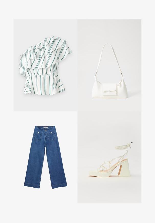 Bijeli top s jednim ramenom i zelenim prugama, sa volanima i skupljenim strukom za peplum efekt. Mekana tkanina.; Denim široke hlače s medijskom plavom pranju, dva prednja džepa s dugmadi, i šivana dekoracija duž rubova.; Bijela sandala na visokoj potpetici s debelim petom, s remenom i vezanjem oko gležnja. Glatka tekstura s platformom sprijeda za dodatnu visinu.; Bijela sintetička torbica s trokutastim oblikom, ravnim prednjim poklopcem i detaljem u obliku mašne, podesivom remenom, glatkom teksturom i minimalističkim dizajnom.