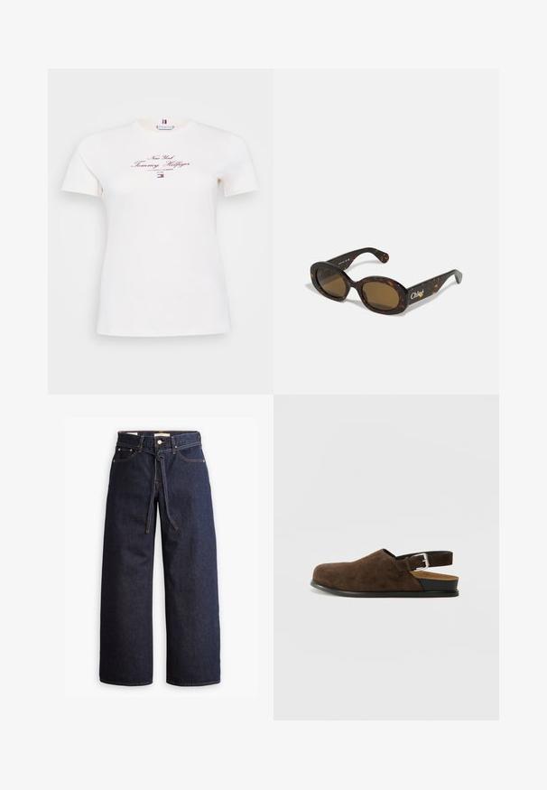 Kurzarm-Creme-T-Shirt aus Baumwolle mit maroonfarbener Druckschrift "New York Tommy Hilfiger" und kleinem Logo am Saum.; Weite, dunkelblaue Jeans aus Denim mit hoher Taille, ausgestattet mit einem Kordelzug, fünf Taschen und kontrastierenden Nähdetails.; Braune Wildleder-Ballenrutscher mit niedrigem Absatz, verstellbarem Riemen mit silberner Schnalle und schwarzer Gummisohle.; Schildpatt-Sonnenbrille mit ovalen Fassungen, braunen getönten Gläsern und "Chloé"-Markierung am Bügel. Glattes Kunststoffmaterial mit glänzender Oberfläche.; Braune Wildleder-Tasche mit breiter Form und weicher Textur, ausgestattet mit einem einzigen Tragegurt und minimalem Zubehör vor einem neutralen Hintergrund.