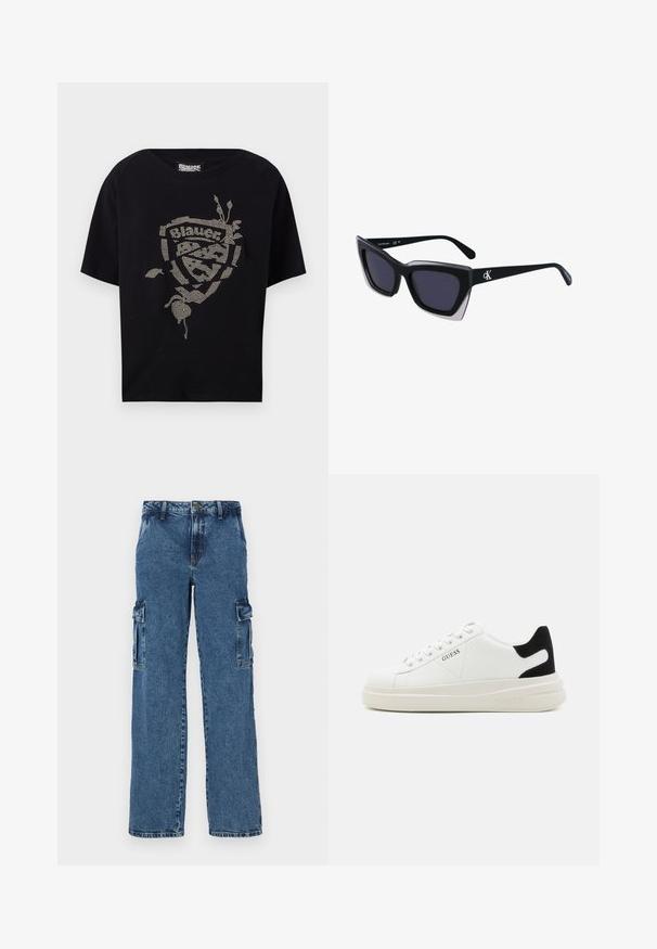 Sort t-shirt med korte ærmer, der har en rhinsten-udsmykket design med ordet "Blauer" og blomsteraccenter. Blødt bomuldsstof.; Blå denim cargo bukser med en afslappet pasform, der har to sidelommer, forstærket syning og et lige ben-design.; Hvide lædersneakers med en tyk hvid sål, sort ruskindhælvægt og prægede logoer på siden. Snørebåndsdesign med seks øjer.; Store sorte oversized solbriller med geometrisk form, med mørke linser og en kontrasterende grå detalje på stellet. Logo på armen.
