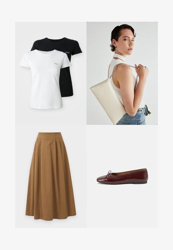 To kortermede t-skjorter med rund hals, en hvit og en svart, hver med et lite brodert logo på venstre bryst.; Brun bomull A-linje skjørt med høy midje, med folder foran og en jevn tekstur. Kantene er rene og enkle.; Burgunderrød lakk lær ballettleilighet med rund tå, liten sløyfe foran og en lav, svart gummisåle. Glatt tekstur.; Hvit rektangulær clutch-veske laget av blankt materiale, med en sølvkjede-stropp. Modellen poserer og viser vesken mot en ensfarget bakgrunn.