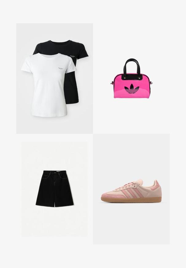 Dvé trička s krátkým rukávem a kulatým výstřihem, jedno bílé a jedno černé, každé s malým vyšitým logem na levém hrudníku.; Černé džínsové šortky s volným střihem, které mají pět kapes, žluté švy a středně vysoký pas.; adidas Originals SAMBA OG - Tenisky - quartz/mauve; Růžová lakovaná kabelka s černým logem a uchy, zaoblený tvar a zipové zapínání. Lesklý povrch zvyšuje viditelnost.