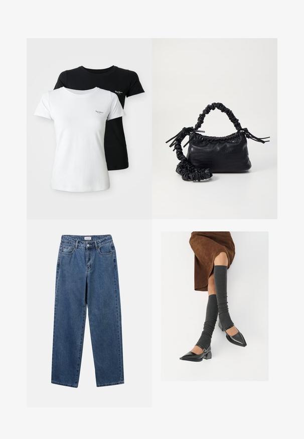 Dvé tričká s krátkym rukávom a kulatým výstrihom, jedno biele a jedno čierne, každé s malým vyšitým logom na ľavej hrudi.; Klasické modré džínsy z denimu so strihom rovného strihu, piatimi vreckami a zapínaním na gombík. Majú stredné praním a pevnú textúru.; Čierne lakované kožené topánky s špicatou špičkou, blokovým podpätkom a členkovým remienkom, ktoré sú kombinované so šedými rebrovanými legínami a hnedou zamšovou sukňou.; Čierna umelá kožená kabelka s kroko vzorom, sťahovaným vrchom a zhnutým popruhom. Vyzerá mäkko a kompaktné v dizajne.