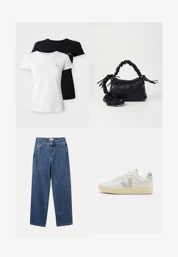 Kaks lühikeste varrukatega ümmarguse kaelusega T-särki, üks valge ja teine must, kummalgi väikese tikitud logoga vasakul rinnal.; Klassikalised sinised denimists teksad otsejalaga disainiga, viie taskuga ja nööbisuletusega. Omab keskmist pesu ja tugevat tekstuuri.; Valge nahast tenniseking, millel on beežist siidist aktsent ja aukudega varvas, lame paelad ja tekstureeritud koorevärvi tallad. Omab nüansirikast brändimist kannal.; Must must sünteetilisest nahast käekott, millel on krokodillimuster, kokku tõmmatav ülaosa ja kortsus rihm. Tundub pehme ja kompaktne disain.