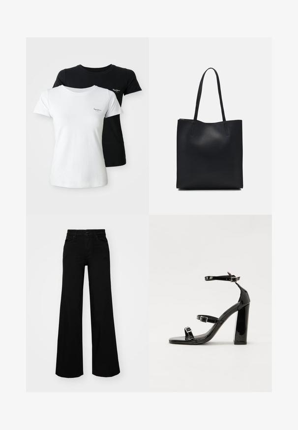 Duass camisetas de manga curta e gola redonda, uma branca e uma preta, cada uma com um pequeno logótipo bordado no lado esquerdo do peito.; Calças largas pretas em denim, com uma cintura estruturada, passantes para cinto e bolsos frontais. Textura suave com um design clássico.; Sandálias de tacão preto laqueadas com bico quadrado, tiras para o tornozelo e fivelas prateadas. Apresentam um salto bloco chunky para estabilidade.; Bolsa tote preta em couro com textura lisa, forma retangular e duas alças longas. Sem hardware ou enfeites visíveis.