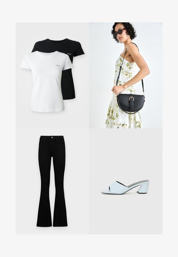 Divi īsām piedurknēm T-krekli ar apaļu kaklu, viens balts un otrs melns, katrs ar mazu izsistītu logo kreisajā krūtī.; Melni augsta jostas šorti ar pogu un rāvējslēdzēju, priekšējām kabatām un izplestām kājām, nolikti uz balta fona.; Gaiši zilas atvērtā purngala papēžu mūlas ar ģeometrisku dizainu, kas ietver platu siksnu pāri pēdai un masīvu, stūrainu papēdi.; Melnas ādas rokassoma ar izliekta formu, noņemamu siksnu un zelta aksesuāriem. Somai ir vāciņš ar sprādzes detaļu.