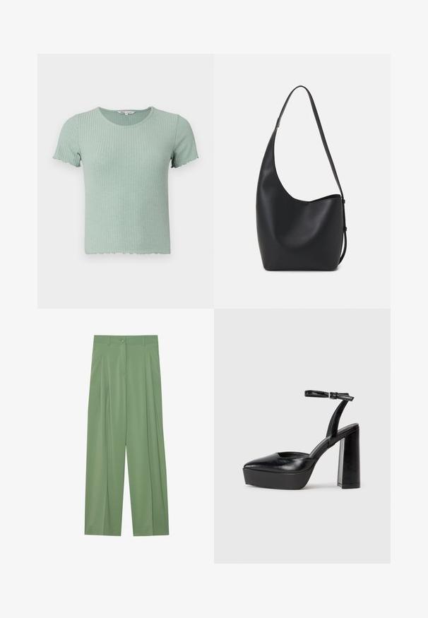 Svetlo zelena rebrasta bombažna majica s kratkimi rokavi in obljenim robom. Ima okrogel izrez in mehak otip.; Zelene široke hlače izdelane iz gladkega materiala. Imajo gube na sprednji strani, en gumb za zapiranje in zanke za pas.; Črne platforme z visokimi petami in koničastim nosom ter nastavljivim gležnjenjskim trakom. Narejene iz gladke usnje, s kockasto peto.; Črna usnjena hobo torba z gladko teksturo, ukrivljeno obliko in eno nastavljivo naramnico; ima širok odprtina na vrhu.