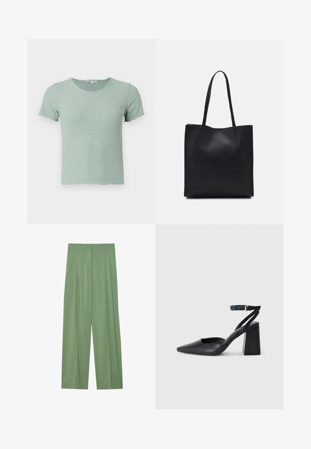 Svijetlozelena rebrasta pamučna majica s kratkim rukavima i valovitim rubom. Ima okrugli izrez i mekanu teksturu.; Zelene široke hlače izrađene od glatkog materijala. Sadrže utkane nabore sprijeda, zatvaranje na jedan gumb i petlje za remen.; Crne kožne cipele s špicastim vrhom, remenom oko gležnja i debelim potplatom. Ravna tekstura, elegantan dizajn i minimalistička estetika.; Crna kožna torba za nošenje s glatkom teksturom, pravokutnim oblikom i dvije duge ručke. Nema vidljivih metalnih dijelova ili ukrasa.