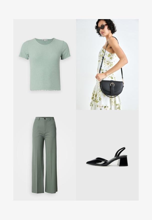 Világoszöld csíkozott pamut póló rövid ujjakkal és hullámos szegéllyel. Kerek nyakkivágással és puha textúrával rendelkezik.; Széles szárú nadrág tompa zöld szövetből, elülső gombos záródással és sima textúrával. Nincs látható minta vagy kiegészítő.; Fekete lakk bőr szandálkés magas sarkú cipő, hegyes orral és geometrikus tömbsarkakkal. Karcsú, minimalista dizájn és sima textúra jellemzi.; Fekete bőrtáska ívelt formával, levehető pánttal és arany színű fémrészekkel. A táskán egy csattal díszített fedél található.
