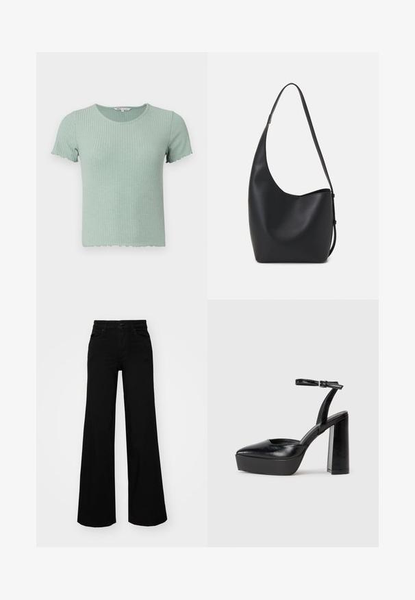 Light green ribbed cotton t-shirt with short sleeves and a scalloped hem. Features a round neckline and soft texture.; Black wide-leg pants made of denim, featuring a structured waistband, belt loops, and front pockets. Smooth texture with a classic design.; Black platform heels with a pointed toe and adjustable ankle strap. Constructed from smooth leather, featuring a chunky block heel.; Black leather hobo bag with a smooth texture, curved shape, and single adjustable strap; features a wide opening at the top.