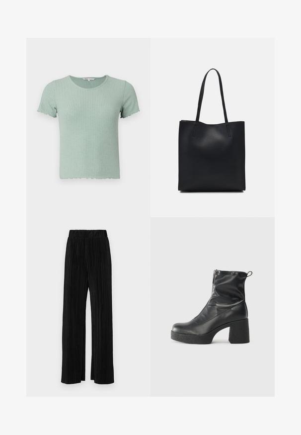 Light green ribbed cotton t-shirt with short sleeves and a scalloped hem. Features a round neckline and soft texture.; Black pleated trousers with an elastic waistband. Features wide legs and a smooth, textured fabric with vertical stripes.; Black ankle boots made of smooth leather, featuring a side zipper, chunky textured heel, and rounded toe design.; Black leather tote bag with smooth texture, rectangular shape, and two long handles. No visible hardware or embellishments.