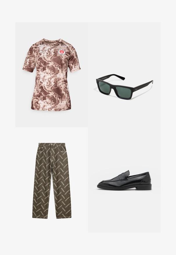Barna álcázott, rövid ujjú póló, könnyű anyagból készült, kerek nyakkivágással és logóval a mellrészen.; Világos bézs színű, teljesen tollmintás khaki farmerek. Laza szabás, standard zsebekkel és kontrasztos varrási részletekkel.; Fekete bőrcipók sima felülettel, kerek orral és keskeny sávval a felsőrészen. Alacsony, rétegelt sarkú.; Fekete téglalap alakú napszemüveg zöld lencsékkel, matt felülettel, egyenes szárakkal, és a Ray-Ban logóval az oldalon.