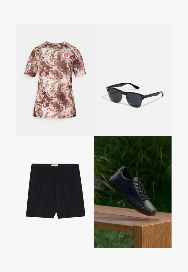 Hnedé krátke tričko s kamuflážovým vzorom vyrobené z ľahkej tkaniny, s okrúhlym výstrihom a nášivkou loga na hrudi.; Čierne šortky s elastickým pásom a šnúrkou, s hladkým povrchom a rovnou siluetou, vhodné na bežné nosenie.; Čierna kožená teniska s hladkou textúrou, okrúlym špičkou a plochými šnúrkami, umiestnená nad dreveným povrchom s zelenou trávou v pozadí.; Čierne slnečné okuliare s obdĺžnikovým tvarom, tmavými sklami, striebornými akcentmi na bočných okrajoch a matným povrchom rámu.