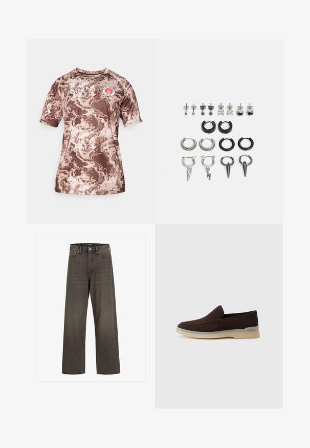 Hnědý maskáčový krátký rukáv tričko vyrobené z lehké tkaniny, s kulatým výstřihem a nášivkou na hrudi.; Džínové kalhoty s širokými nohavicemi v tmavě šedém denimu, s vysokým pasem, klasickým designem pěti kapes a kontrastním prošíváním podél švů.; Hnědé semišové boty na slip-on s kulatou špičkou, krémovou podrážkou a šedým akcentem na patě. Hladká textura, minimální švy.; Sada náušnic obsahující různé styly: stříbrné a černé náušnice ve tvaru kruhu, pecky a visací designy, s texturami a detaily, jako jsou hroty a vzory.