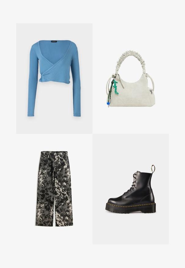 Svijetloplavi skraćeni dukserica s dugim rukavima, V-izrezom i preklopnim dizajnom, izrađena od rebraste tkanine. Ima naboranu detalj na struku.; Hlače srednje visine s širokim nogavicama u teksturiranom crno-bijelom cvjetnom uzorku na sivoj pozadini, s klasičnim pojasom i prednjim džepovima.; Crne kožne čizme s vezanjem do članka, s debelim crnim potplatom i žutim šavom. Imaju traku za povlačenje na stražnjoj strani i okrugle metalne rupice.; Off-white lažna kožna torba s naboranom drškom, džepom na zip i zelenim privjeskom. Glatka tekstura, suptilni uvezeni logotip i elegantan dizajn.