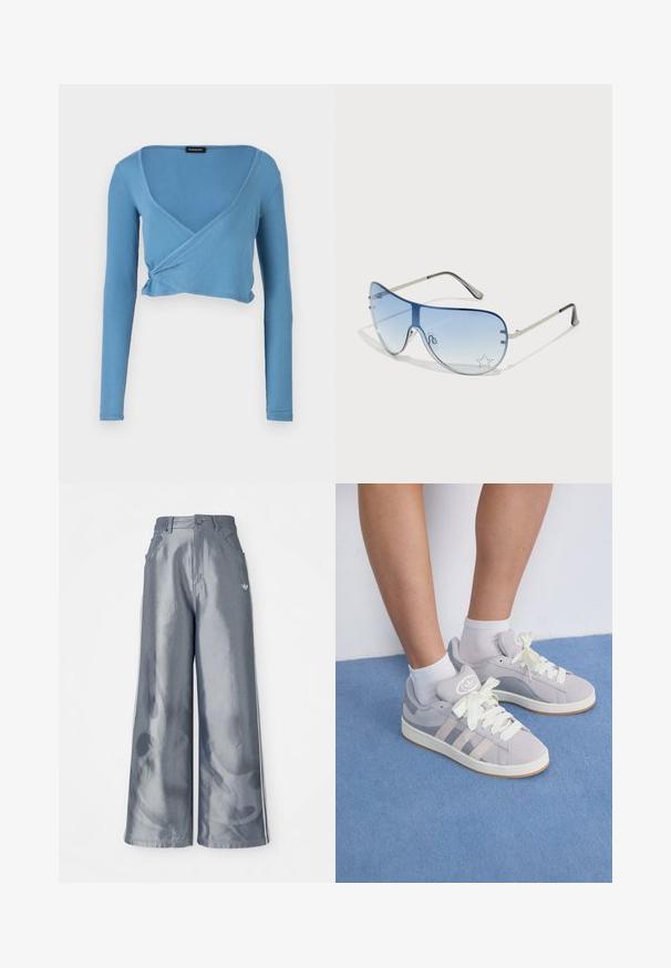 Helles blaues, kurz geschnittenes Langarmoberteil mit V-Ausschnitt und Wickeldesign, aus geripptem Stoff. Besitzt ein gerafftes Detail an der Taille.; Weite Hose aus glänzendem grauem Material, ausgestattet mit weißen seitlichen Streifen und einem Flammenmuster an den Unterschenkeln. Knopf- und Reißverschlussverschluss an der Taille.; Graue Wildleder-Sneaker mit weißen Schnürsenkeln und Gummisohle, die drei diagonale Streifen an der Seite und ein Logo-Patch auf der Zunge aufweisen.; Flugzeugbrille mit einem verlaufenden blauen Glase, silbernem Metallrahmen und dekorativen Sternelementen auf dem Glas. Glattes und elegantes Design.