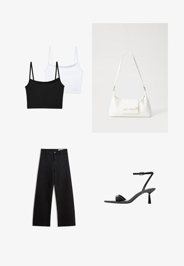 Dwa wycięte topy na ramiączkach: jeden czarny i jeden biały. Wykonane z gładkiego materiału, z cienkimi ramiączkami i prostym, dopasowanym krojem.; Czarne dżinsowe spodnie o szerokich nogawkach i wysokim stanie, z przednimi i tylnymi kieszeniami, przeszyciami oraz zapięciem na guziki. Gładka struktura.; Bershka - Sandały na obcasie; Biała syntetyczna torba o trójkątnym kształcie, płaskim przednim klapce i detalach w postaci kokardy, regulowanym pasku, gładkiej fakturze oraz minimalistycznym designie.