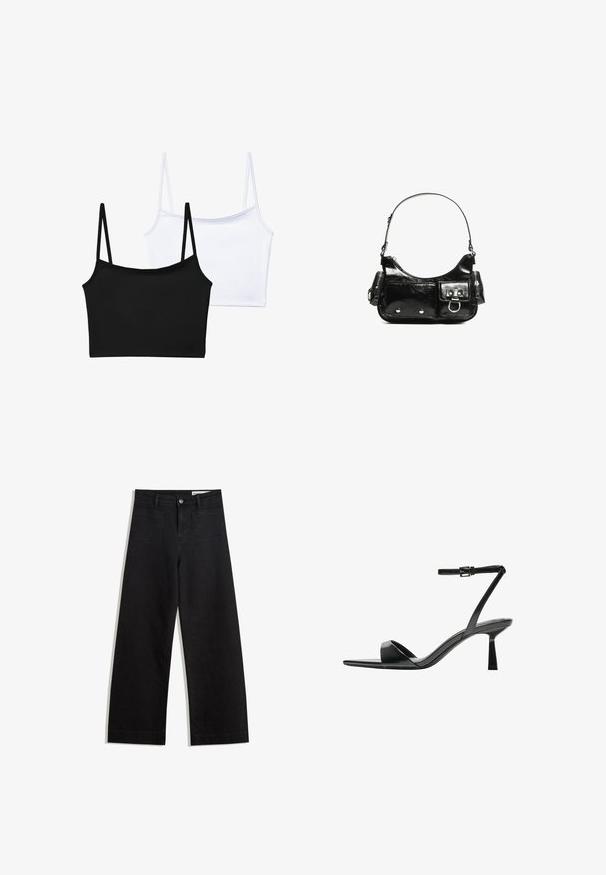 Dve skrátené tielka: jedno čierne a jedno biele. Vyrobené z hladkej tkaniny, s tenkými ramienkami a jednoduchým, priliehavým strihom.; Čierne denimové nohavice s širokými nohavicami a vysokým pásom, so prednými a zadnými vreckami, šitými švami a zapínaním na gombík. Hladká textúra.; Bershka Sandále na vysokom opätku - black; Čierna laková kožená kabelka s ohnutým tvarom, jedným ramenným popruhom, prednými vreckami a striebornými kovovými doplnkami.